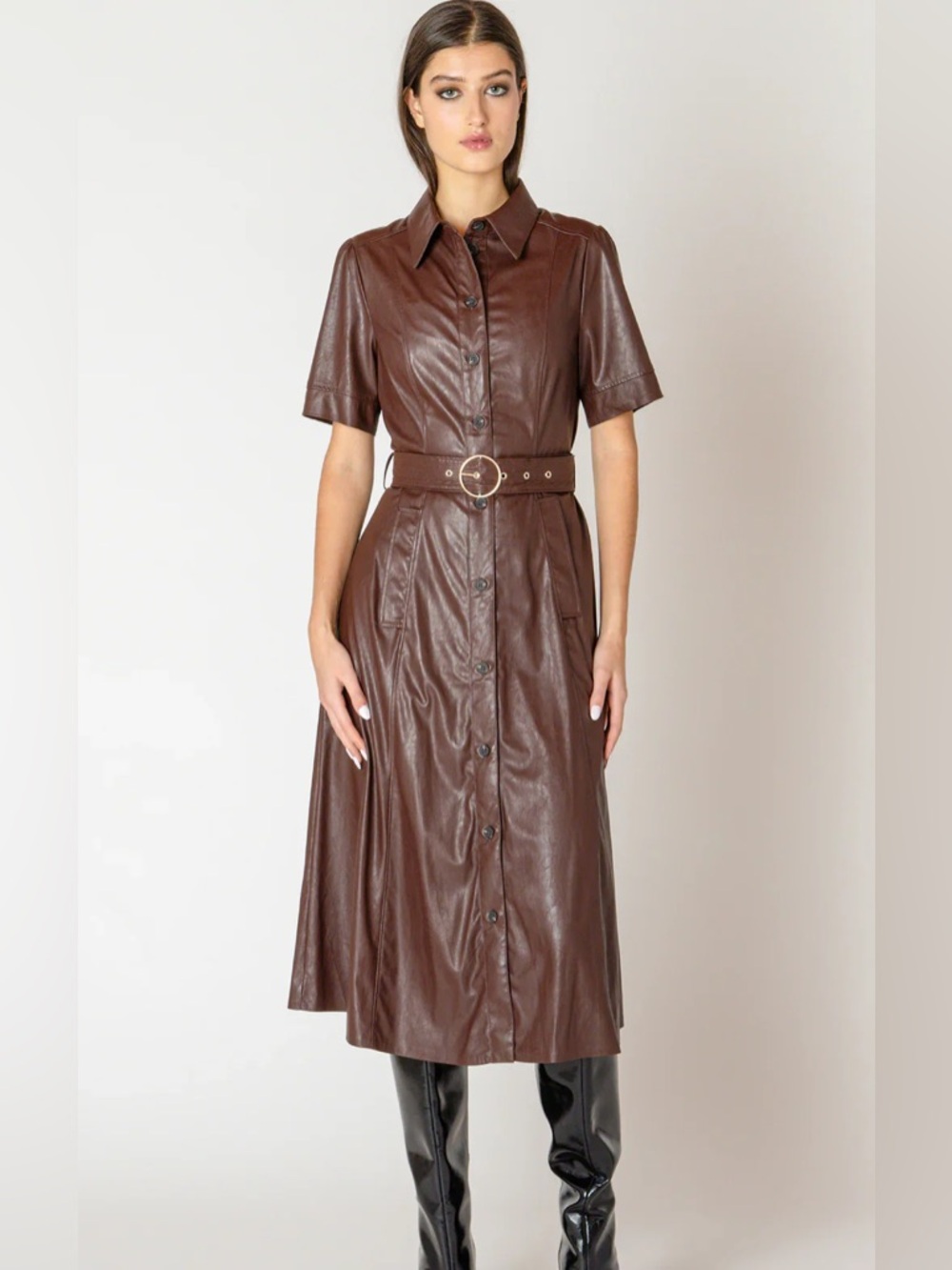 Dex Brown Faux-Leather Midi Shirt Dress with Belt
